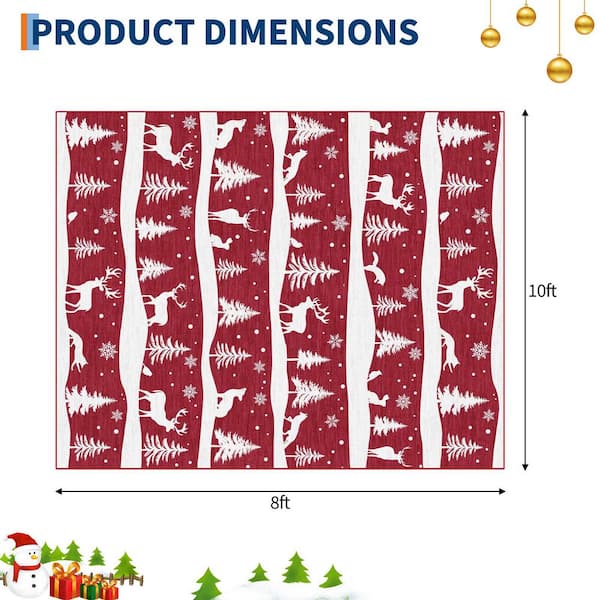 8 ft. x 10 ft. Red Christmas Washable, with Xmas Tree, Reindeer, Non-Slip Backing, Foldable, for Living Room Area Rug