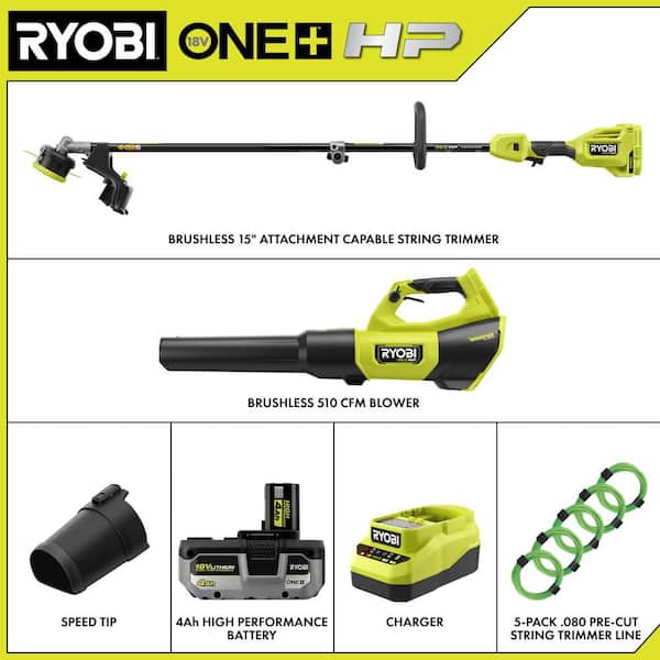 ONE+ HP 18V Brushless Cordless 15 in. String Trimmer, 510 CFM Leaf Blower, & 0.080 in. Line w/ 4.0 Ah Battery & Charger