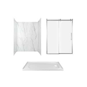 Passage 60 in. x 72 in. 3-Piece Glue-Up Alcove Shower Wall, Door and Base Kit with Right Hand Drain in Serene Marble