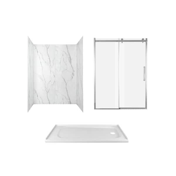 Passage 60 in. x 72 in. 3-Piece Glue-Up Alcove Shower Wall, Door and Base Kit with Right Hand Drain in Serene Marble