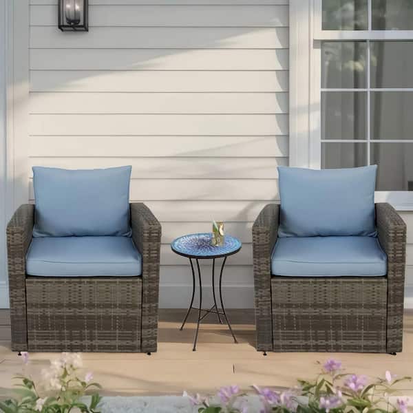 Rattania 2 Piece Light Gray Wicker Outdoor Chairs with Light Blue Cushions (2-Pack)
