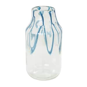 13 in. Cream Glass Abstract Decorative Vase with Wavy Blue Design