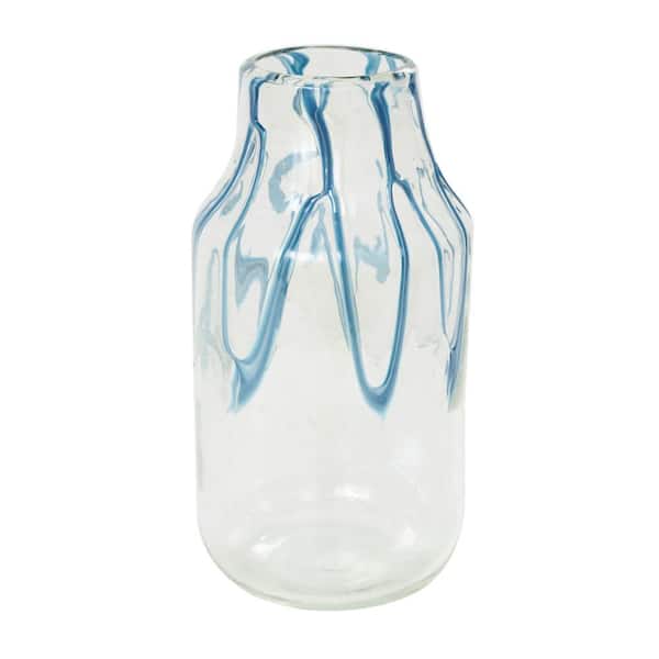 Litton Lane 13 in. Cream Glass Abstract Decorative Vase with Wavy Blue Design