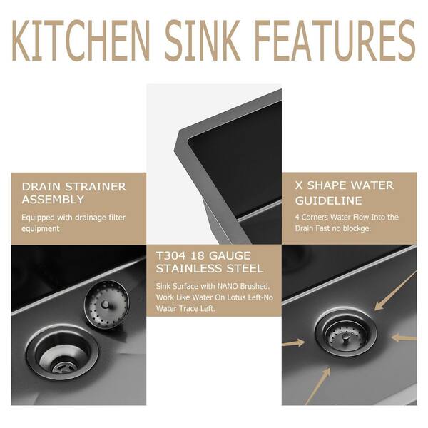 Kichae 33 in. Undermount Single Bowl 18 Gauge Gunmetal Black