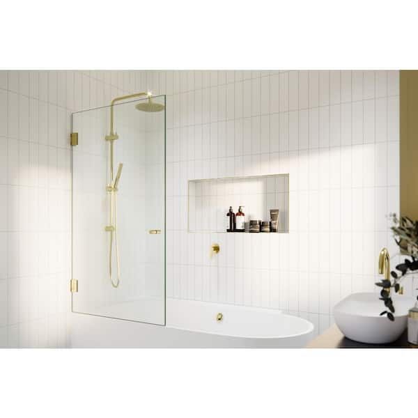 Albedo 34 in. W x 58.25 in. H Frameless Wall Hinged Tub Door in Polished Brass with Clear Glass