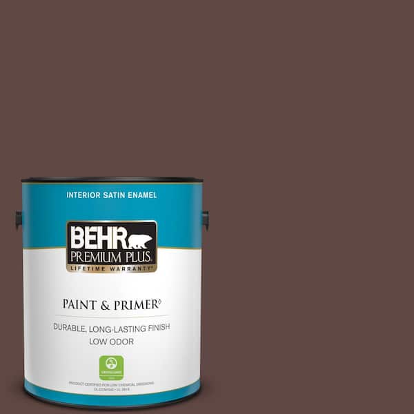 BEHR PREMIUM PLUS 1 gal. #710B-7 Rich Mahogany Satin Enamel Low Odor Interior Paint & Primer