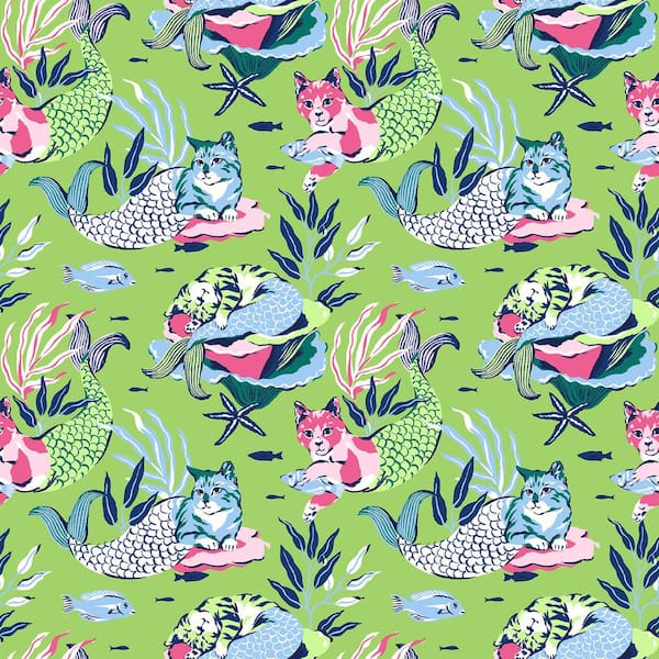 NuWallpaper Meowing Mermaids Lime Green Peel and Stick Wallpaper Sample