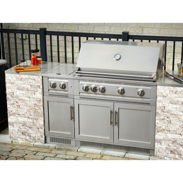 NewAge Products Signature Series 107.16 in. x 25.5 in. x 37 in. 8 Piece Outdoor Kitchen Cabinet Set with Kamado and 40 in. Grill Cabinet 68907 The Home Depot