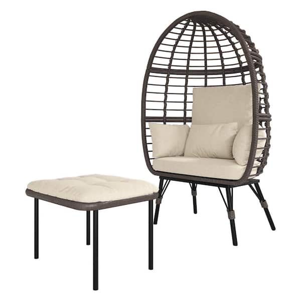 Unbranded Wicker Patio Swing Egg Chair Outdoor with Ottoman-with Footstool and Anti-Splash Beige Cushions, with Stand