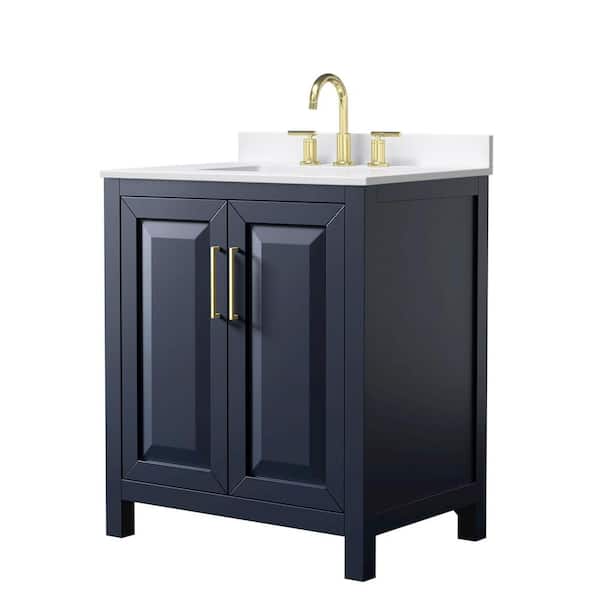 Wyndham Collection Daria 30 in. W x 22 in. D x 35.75 in. H Single Sink Bath Vanity in Dark Blue with Brushed Gold Trim White Quartz Top