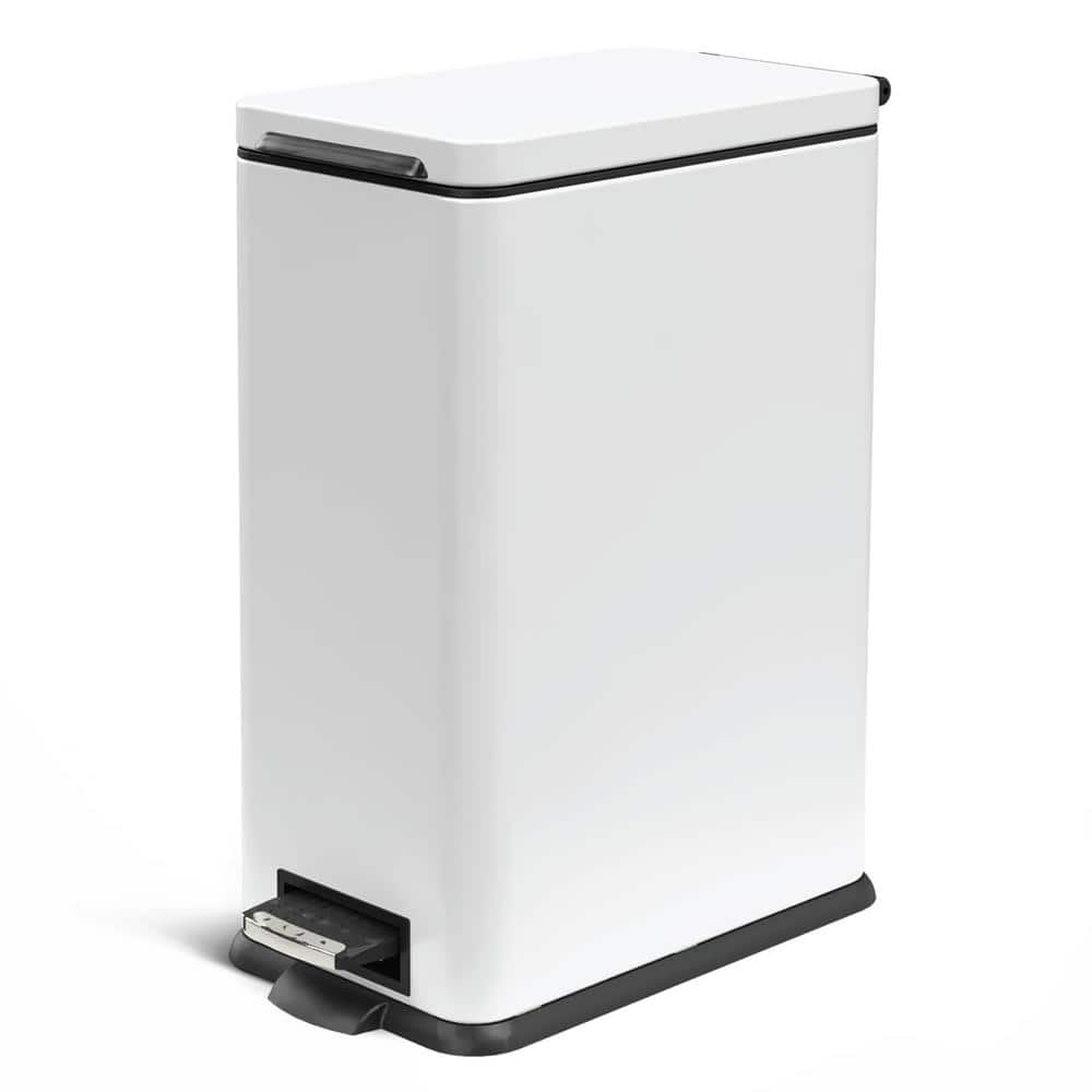 White Stainless Steel Slim Kitchen Trash Can with Pedal, 8 Gallon