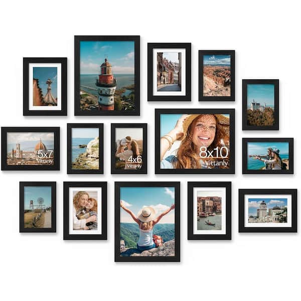 5x7 Multiple sizes Matted Black Plastic Hanging Picture Frame Set of 15