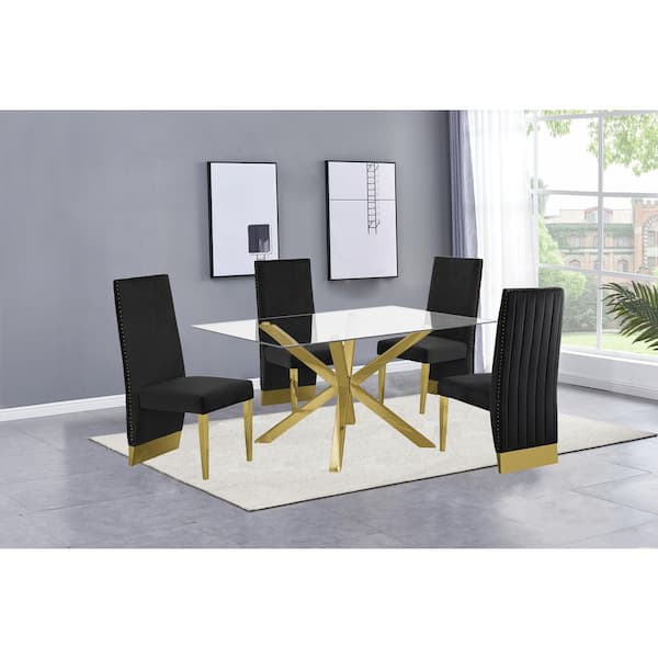 Best Quality Furniture Tom 5-Piece Rectangle Glass Top with Gold Stainless Steel Base Table Set with 4-Black Velvet Chair W/ Nail Head Trim