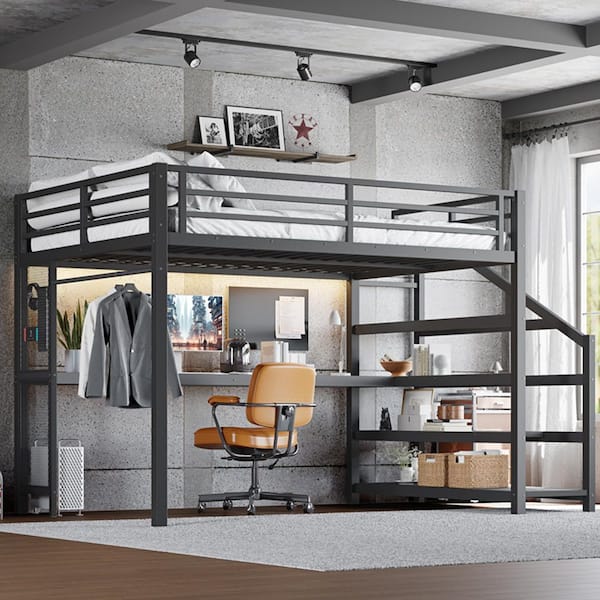 Black Queen Wood/Metal Loft Bed with Desk and Storage Stairs,Led Lights