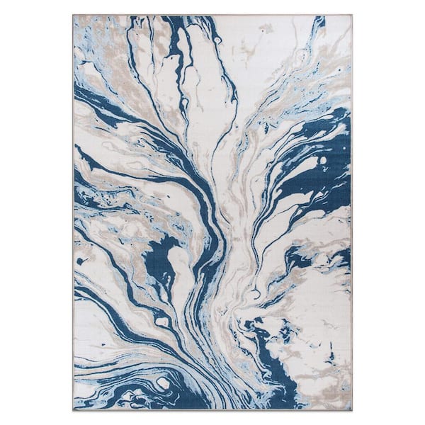 Contemporary Watercolor Blue 7 ft. 10 in. x 10 ft. Wave Abstract Non Slip Area Rug