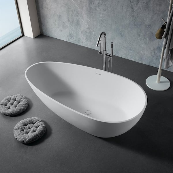 INSTER JUNO 67 in. Composite Resin Flatbottom Solid Surface Oval Freestanding Soaking Bathtub in White