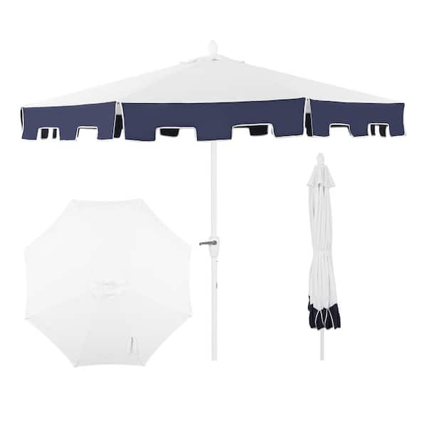 Baiona 9 ft. Classic MidCentury Market Patio Umbrella with UV Protection, Auto-Tilt, Crank and Wind Vent in White/Navy