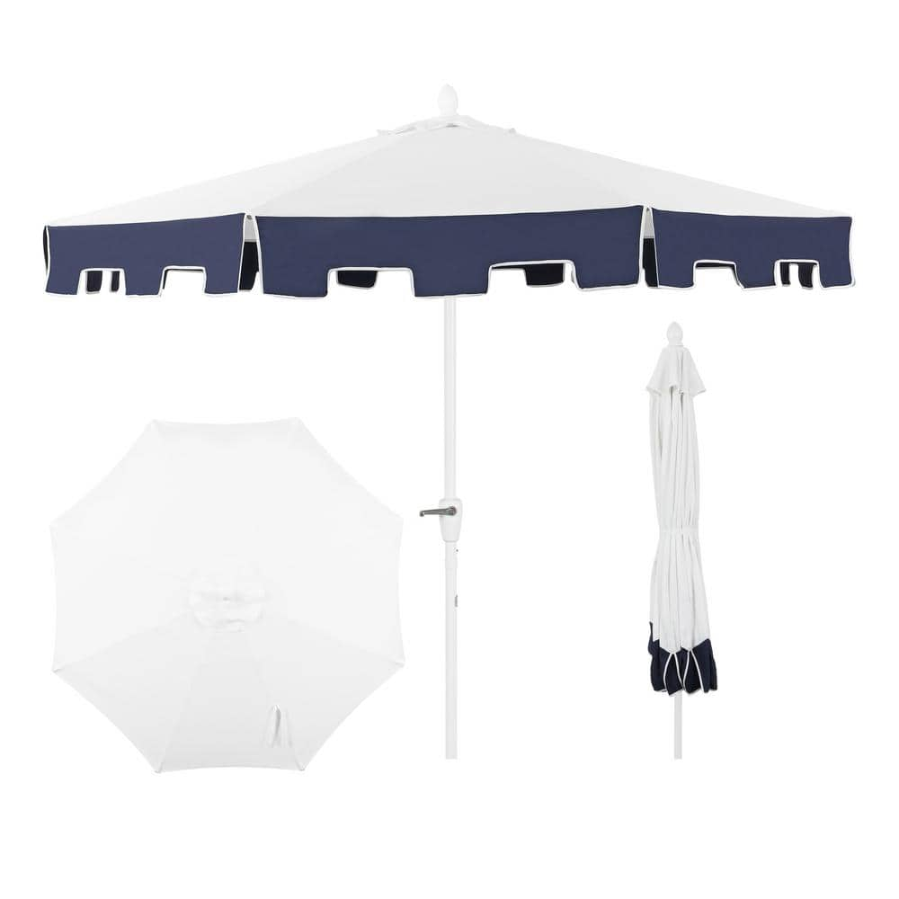 JONATHAN Y Baiona 9 ft. Classic MidCentury Market Patio Umbrella with UV Protection, Auto-Tilt, Crank and Wind Vent in White/Navy