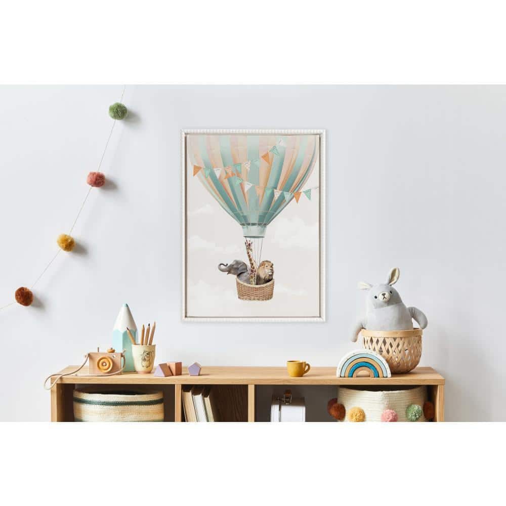 Whimsical Zoo Animals in Hot Air Balloon Framed Canvas Art, 18x24, White
