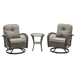 Brown 3-piece Wicker Rotatable Patio Conversation Set With Gray Cushions And Glass Top Coffee Table
