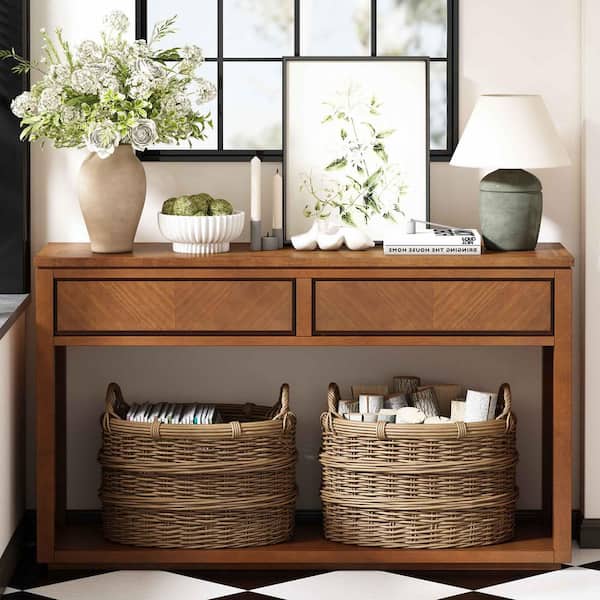 55 in. Honey Rectangle Wood Console Table Entryway Table