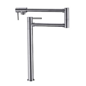 Deck Mounted Pot Filler with Double Joint Swing Arm 1 Hole Brass 2 Handle Foldable Kitchen Sink Faucet in Brushed Nickel