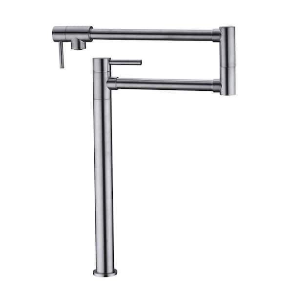 AIMADI Deck Mounted Pot Filler with Double Joint Swing Arm 1 Hole Brass 2 Handle Foldable Kitchen Sink Faucet in Brushed Nickel
