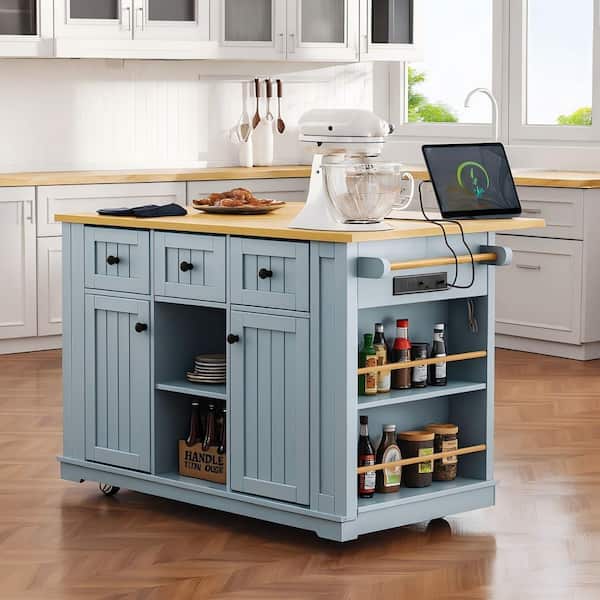 Gray/Blue Wood 53 in. Kitchen Island with Drop Leaf, Door Internal Rack, Rolling Kitchen Cart with 3 Drawers