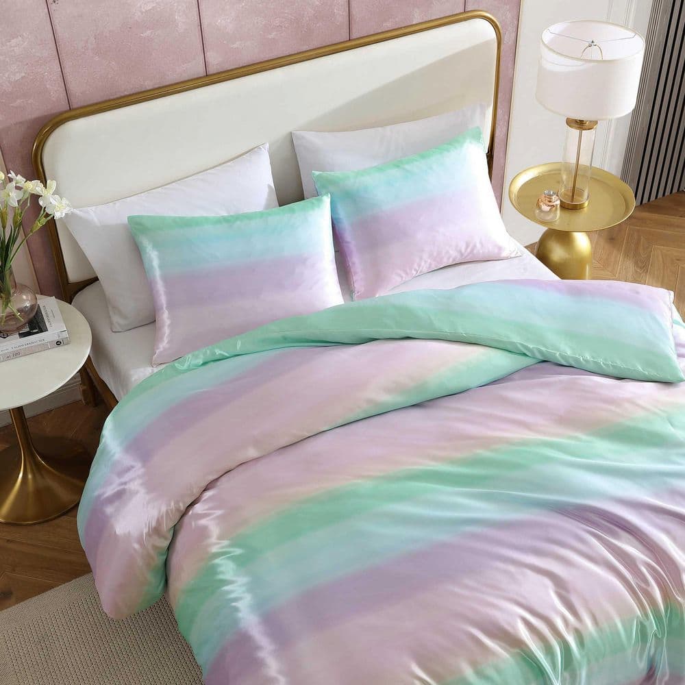 Pastel Ombre Purple and Green Satin King Bedspread Set