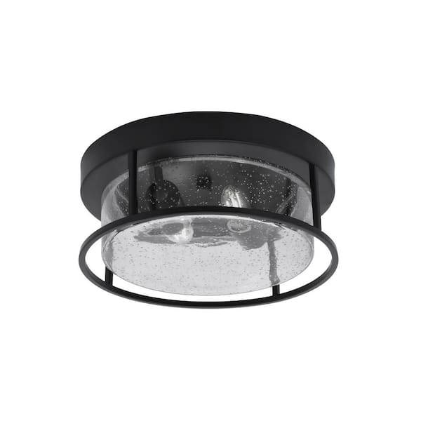 Unbranded Ashland 12 in. 2 Light Matte Black Flush Mount with Clear Bubble Glass Shade No Bulbs Included