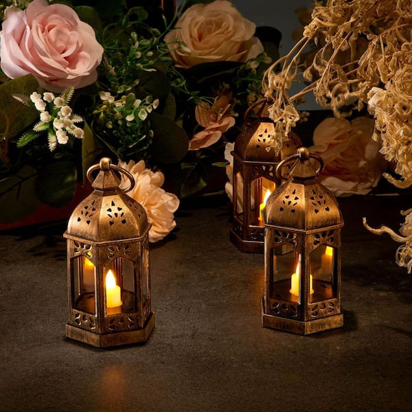 Decorative Candle Lantern, Bronze LED Electric Flameless Candle, Plastic LED Holder with Glass, for Wedding Table 12-Pcs