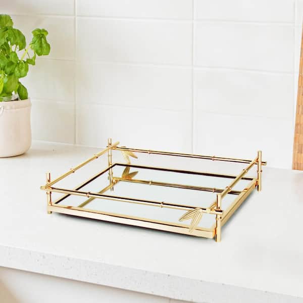 13.25 in. Bamboo Style Rectangle Metal Mirror Gold Decorative Tray