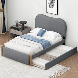 Gray Wood Frame Twin Berber Fleece Upholstered Platform Bed with Twin Size Trundle, Support Legs, Arc-Shaped Headboard