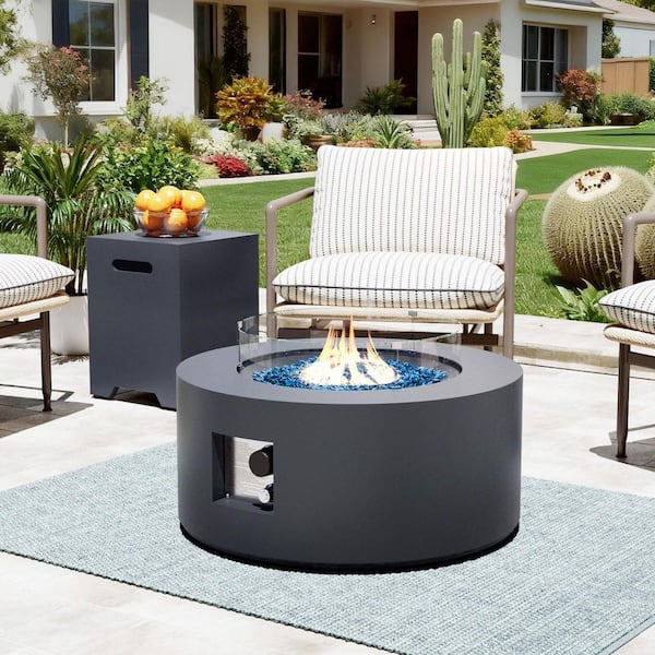 28 in. Round Iron Propane Fire Pit Table with Tank Cover and Wind Guard, Dark Gray