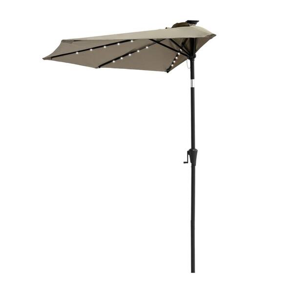 FLAME&SHADE 9 ft. Aluminum Market Solar Lighted Tilt Half Round Patio Umbrella with LED in Taupe Solution Dyed Polyester