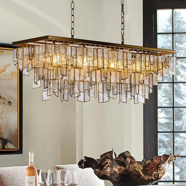 39 in. 4-Light Glam Fringe Linear Chandelier with Water Glass in Matte Gold for Kitchen Island Dining Room