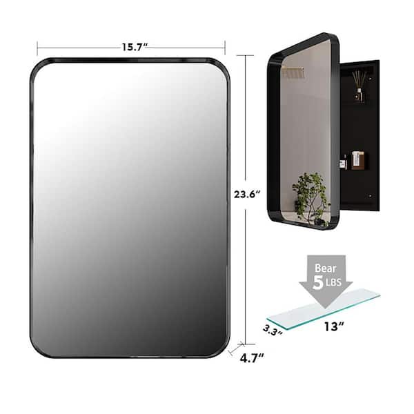Unbranded 15.7 in. W x 23.6 in. H Black Rectangular Metal Medicine Cabinet with Mirror