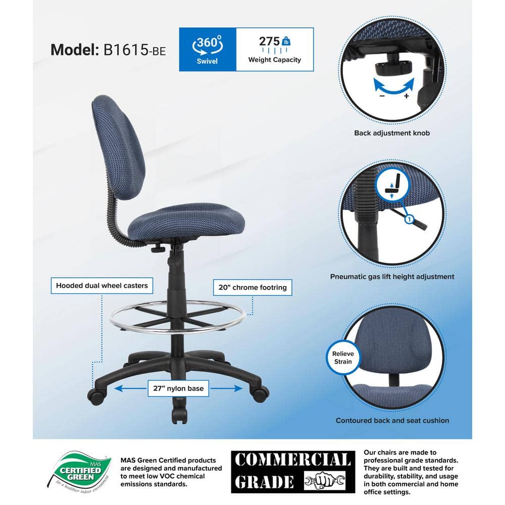 Ergonomic Blue Fabric Drafting Stool with Metal Base