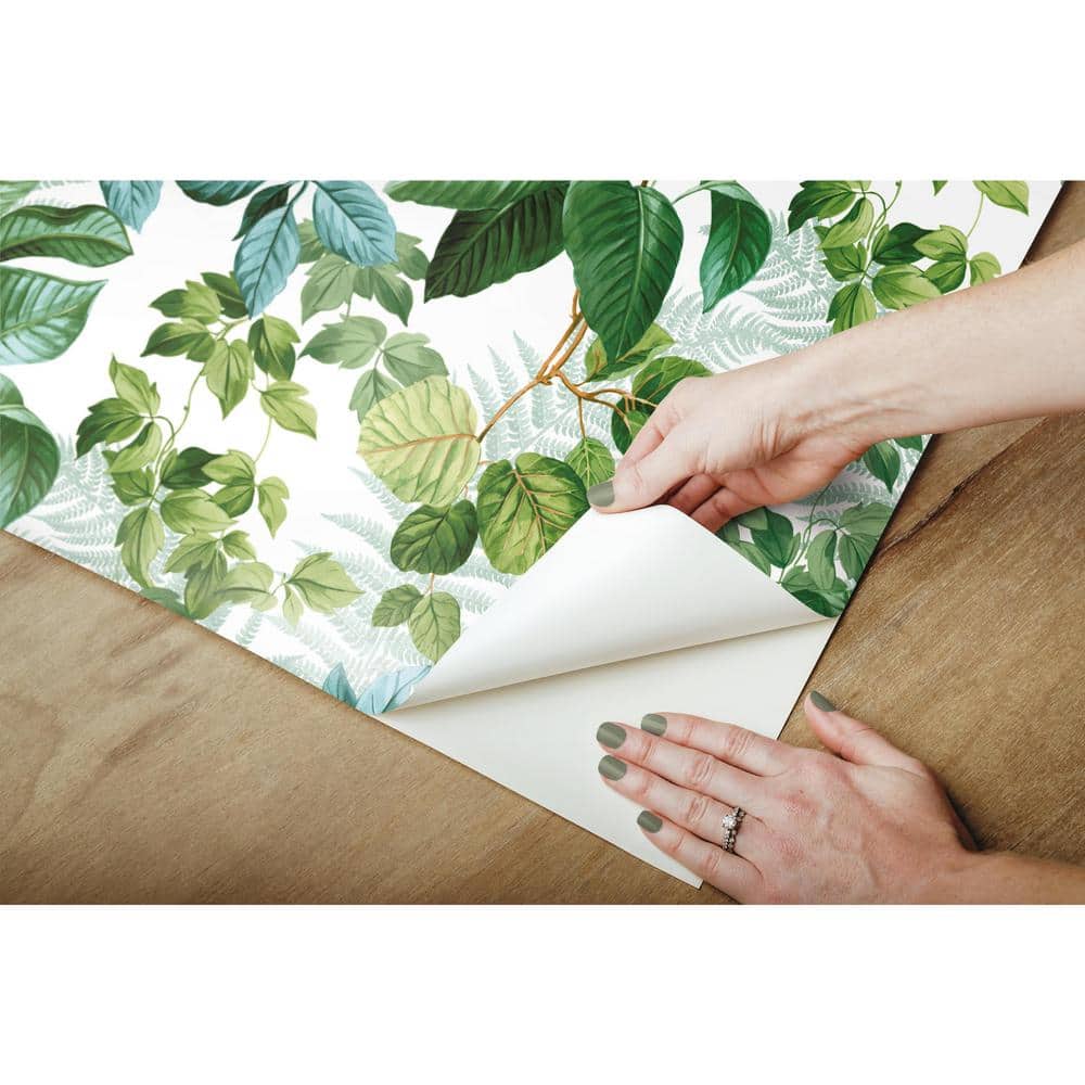 Green and White Tropical Leaves Peel and Stick Wallpaper Roll