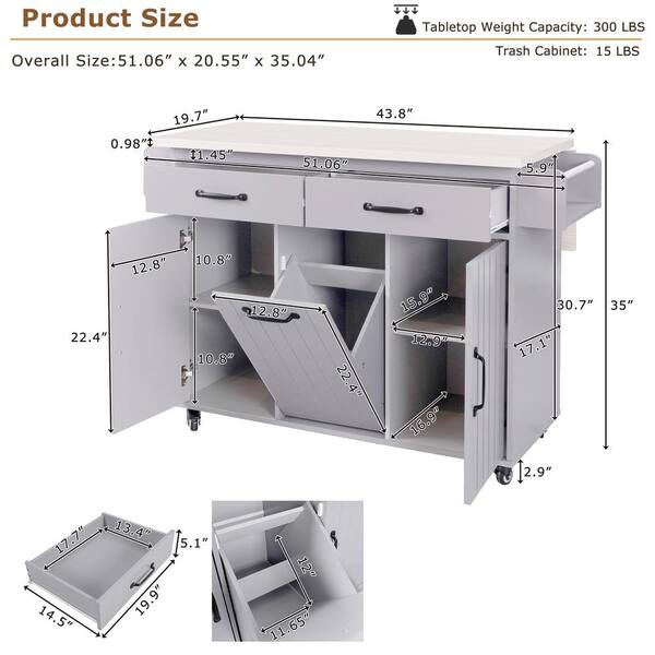 Runesay Gray Mdf Base with Mdf Wood Top Rolling Kitchen Island (20.55-in x 51.06-in x 35.04-in)