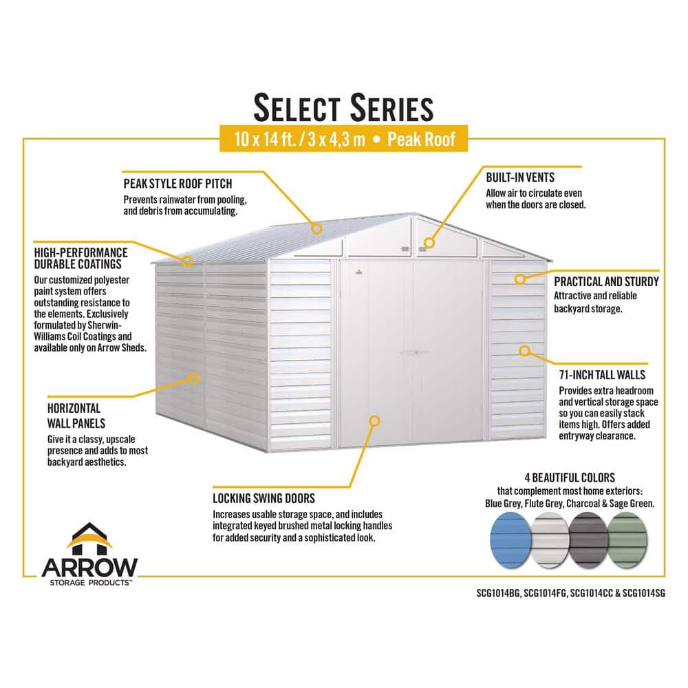 Arrow Select Charcoal Steel 10x14 Storage Shed with Swing Doors