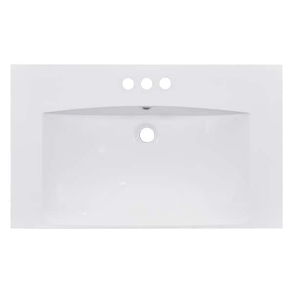 30 in. Modern Undermount Rectangular Bathroom Sink with 3 Faucet Holes in White Resin