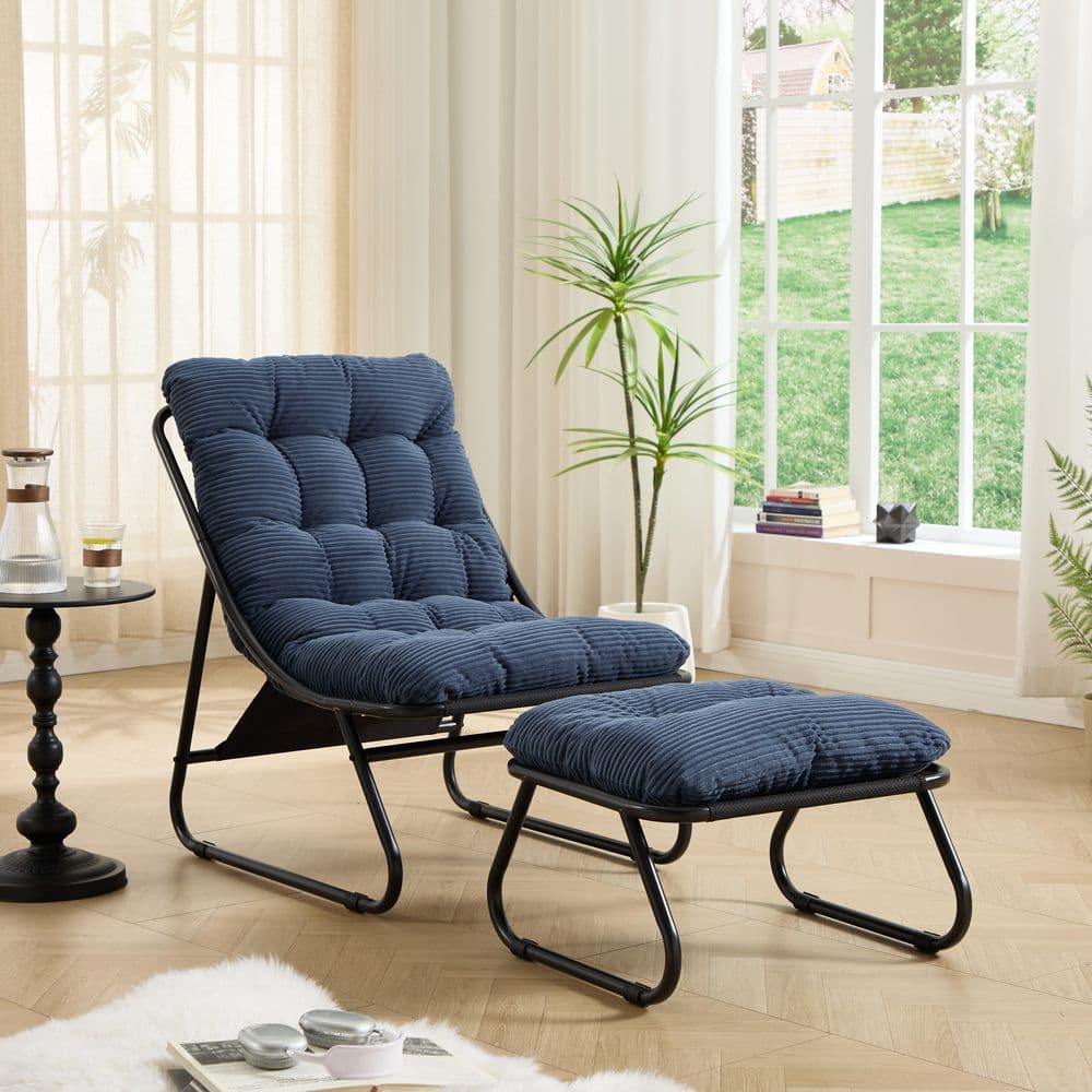 Black Powder-Coated Steel Frame Padded Sling Recliner Outdoor Lounge Chair with Ottoman in Navy Blue Cushion