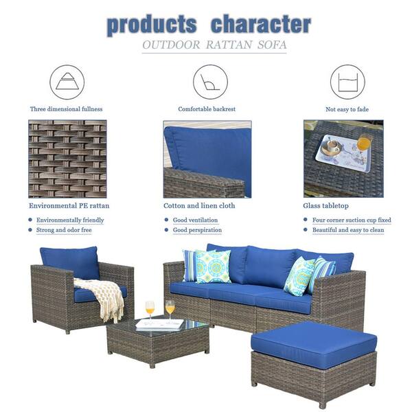 Xizzi Ontario Lake Gray 6 Piece Wicker Outdoor Patio Conversation Seating Set With Navy Blue Cushions Bla706hdnb The Home Depot - Boscov S Patio Furniture Cushions