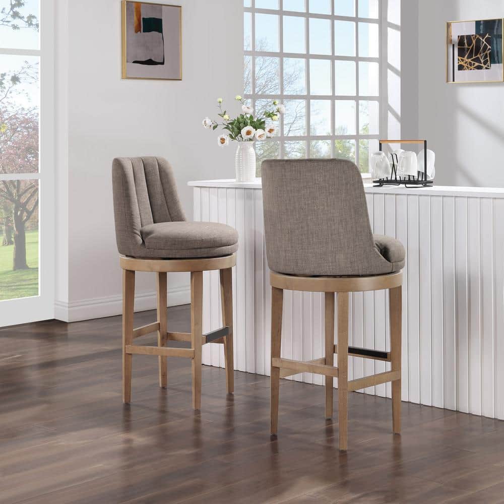 Rowan Cement Gray Upholstered Swivel Barstools with Medium Oak Legs, 2-Pack