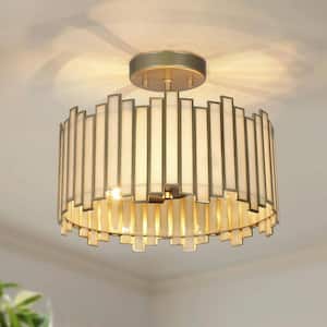 Modern 12.5 in. 3-Light Gold Drum Semi-Flush Mount with White Stained Glass Shade, LED Compatible
