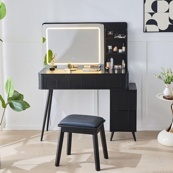 Black 40 in. W Makeup Vanity with 4 Drawers and Mirror, Dresser Table Set with Stool