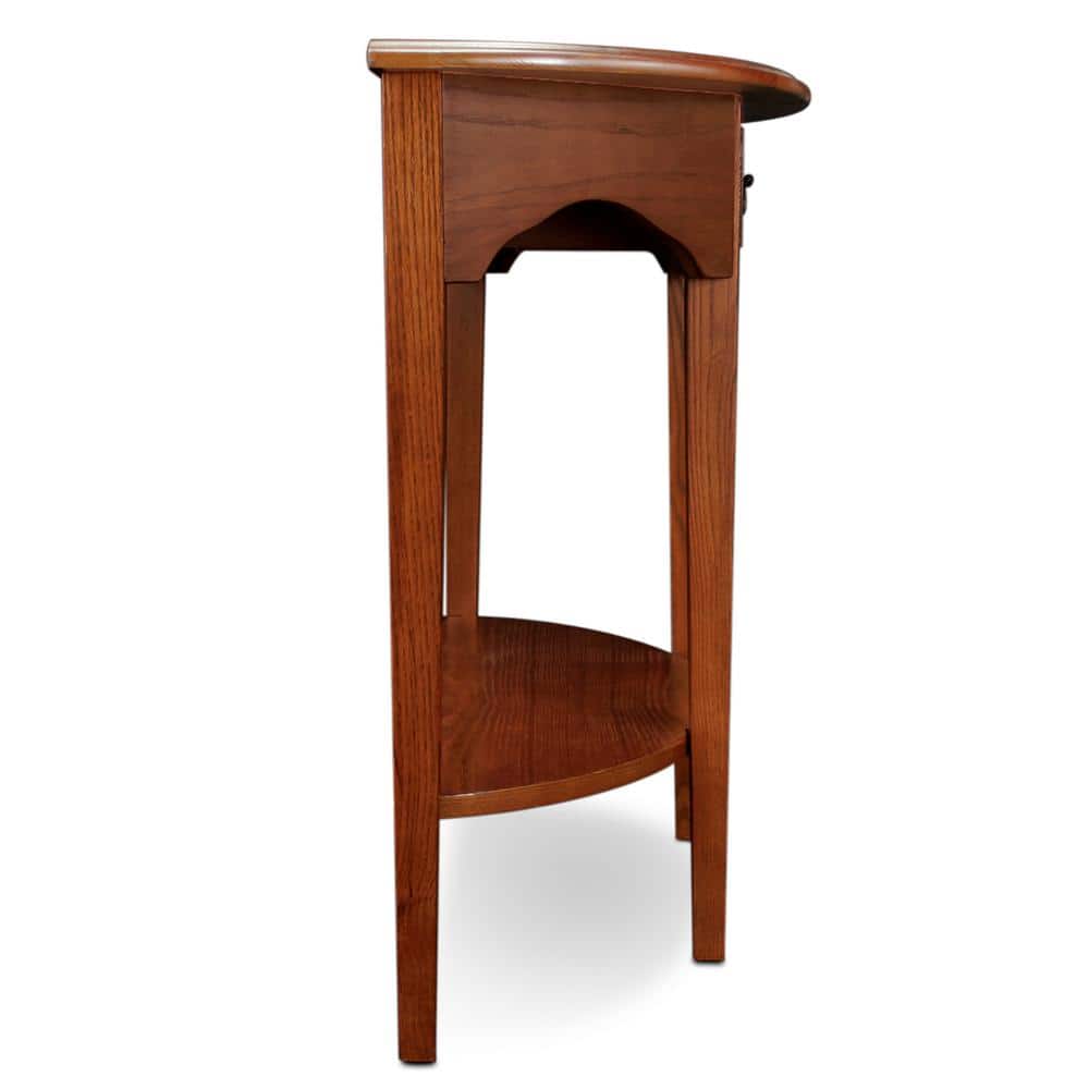 Medium Oak Demilune Console Table with Drawer and Shelf