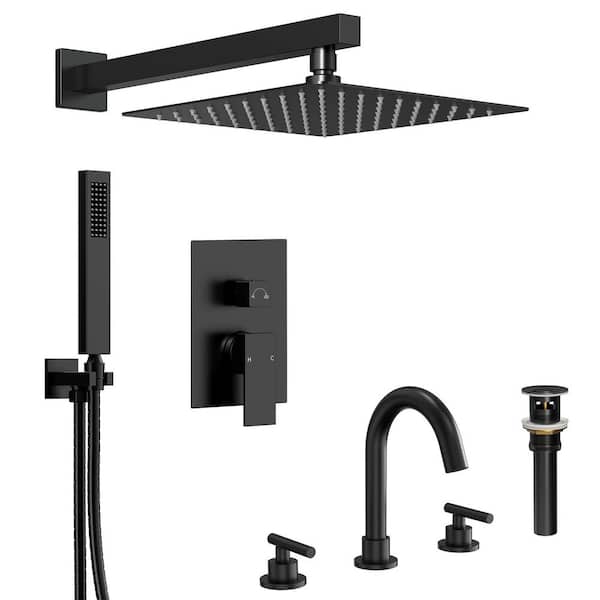 2-Spray Tub and Shower Faucet with 8 in. Widespread Double Handle Bathroom Sink Faucet in Matte Black