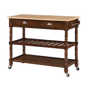 French Country Espresso/Butcher Block Kitchen Cart with 3-Tiers and Drawers